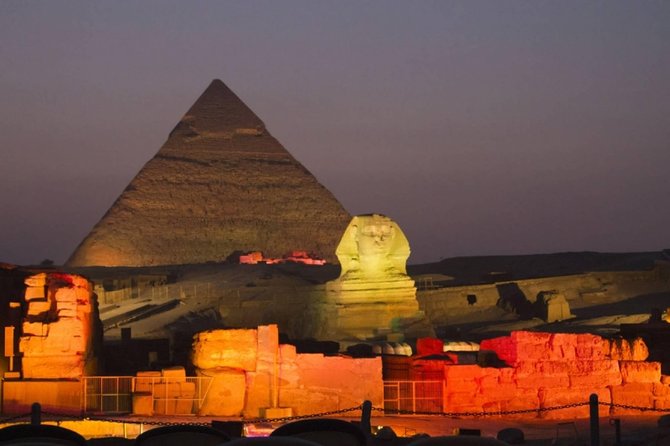 Cairo Layover Tours To Giza Pyramids Egyptian Museum Bazaar Sound And Light Show - The Sound and Light Show after dark