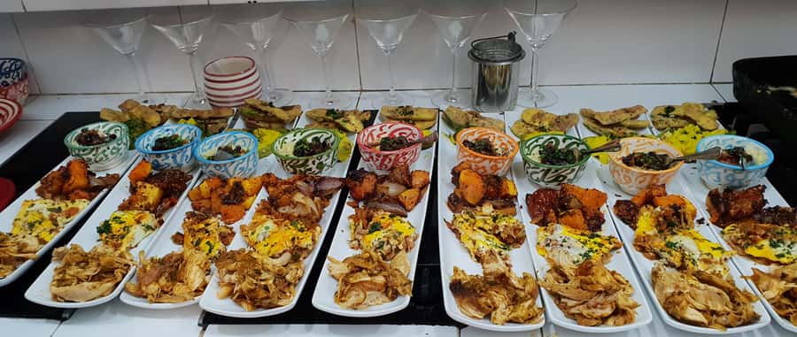 Edgy 8 Dish Private, Fusion Cooking Class, Menu Plan, Market - From prep table to eight-dish lunch