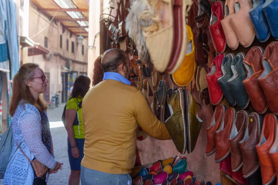 Marrakech: Medina, Souks, Artisans Guided Tour with Mint Tea - Souk des Teinturiers and wool hanging overhead