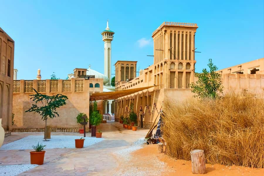 walking tour in old dubai, souks, abra boat, old town - Al Fahidi and the old wind towers